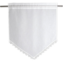Weiße Scheibengardine mit Spitze und spitz zulaufender Form an einer Gardinenstange.