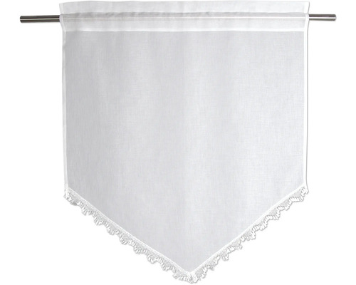 Weiße Scheibengardine mit Spitze und spitz zulaufender Form an einer Gardinenstange.