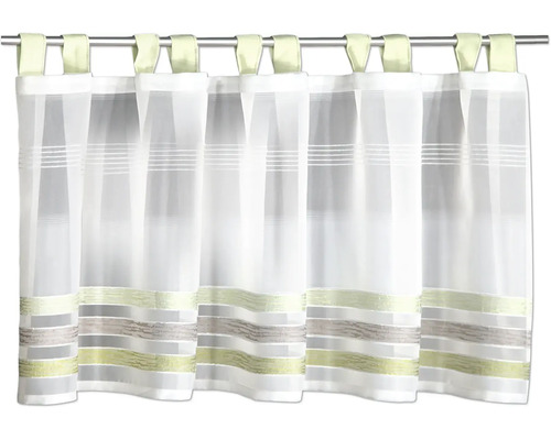 Transparente Scheibengardine mit Schlaufen und Querstreifen.
