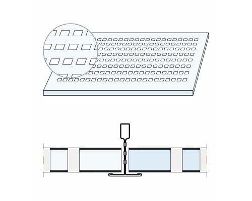 Rasterdecke mit quadratischen Aussparungen und Details zur Befestigung