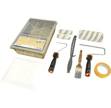 Farbeimer mit Farbroller, Pinsel, Abstreifgitter, Abdeckfolie und Klebeband