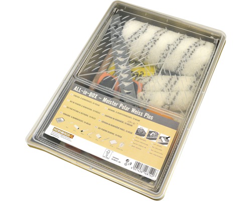 Farben- und Renovierungsset im durchsichtigen Behälter