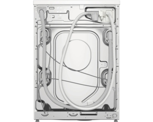 Rückansicht einer Waschmaschine mit Schläuchen und Kabel