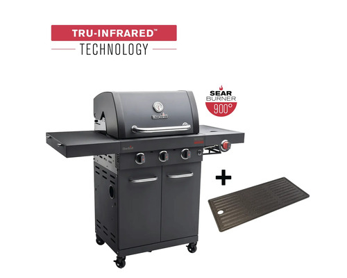 Gasgrill Char-Broil Professional Power Edition 3 Brenner matt schwarz inkl. Ablage, Deckelthermometer, Emaillierte Gusseisen Plancha-Platte ,Fettauffangschale, Grillrost, Klappbarer Seitentisch, Seitenablage, Warmhalterost Grillrost