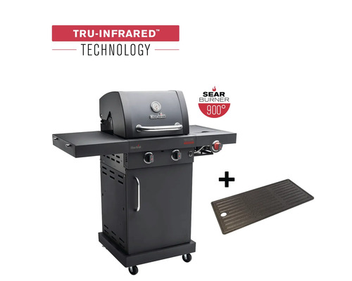 Gasgrill Char-Broil Professional Power Edition 2 Brenner matt schwarz inkl. Ablage, Deckelthermometer, Emaillierte Gusseisen Plancha-Platte, Fettauffangschale, Grillrost, Klappbarer Seitentisch, Seitenablage, Warmhalterost Grillrost