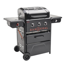 Gas- und Holzkohlegrill mit Ablagetischen und Rollen