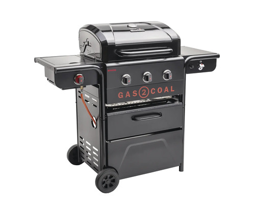 Gas- und Holzkohlegrill mit Ablagetischen und Rollen