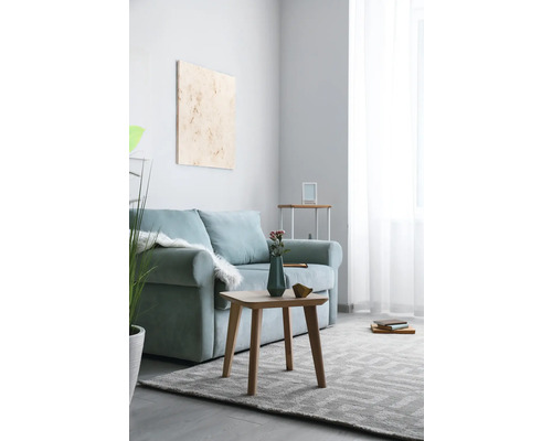 Wohnzimmer mit Sofa, Holztisch und Teppich