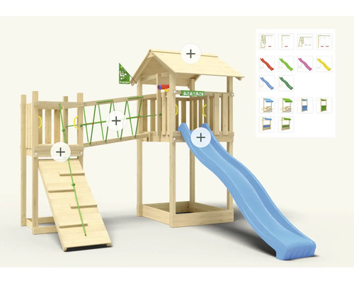 Spielturm aus Holz mit Rutsche, Kletterwand und Strickleiter