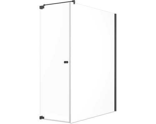 Jungborn Duschtür mit Seitenwand SETTE Drehtür links Seitenwand rechts 75 x 140 cm Profilfarbe schwarz Klarglas mit schmutzabweisende Glasbeschichtung und Puffergriff Duschkabine mit Tür aus Glas und schwarzen Beschlägen