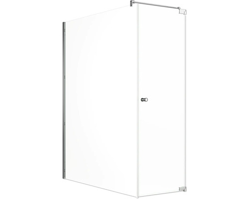 Jungborn Duschtür mit Seitenwand SETTE Drehtür rechts Seitenwand links 140 x 75 cm Profil chrom Klarglas schmutzabweisende Glasbeschichtung und Puffergriff Eckdusche mit Tür aus Glas