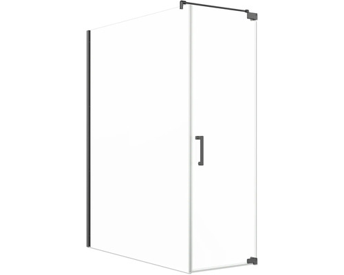 Jungborn Duschtür mit Seitenwand SETTE Drehtür rechts Seitenwand links 160 x 75 cm Profil schwarz matt Klarglas mit schmutzabweisende Glasbeschichtung und Stangengriff Eckdusche mit Glastür und Griff