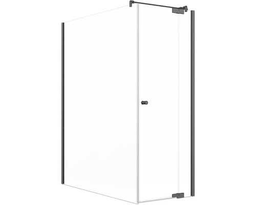 Jungborn Duschtür mit Seitenwand SETTE Drehtür mit Festteil rechts und Seitenwand links 140 x 80 cm Profil schwarz matt Klarglas mit schmutzabweisende Glasbeschichtung und Puffergriff Duschkabine mit Glasfront und Tür