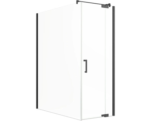 Jungborn Duschtür mit Seitenwand SETTE Drehtür mit Festteil rechts und Seitenwand links 160 x 80 cm Profil schwarz matt Klarglas mit schmutzabweisende Glasbeschichtung und Stangengriff Duschkabine mit Glastür und schwarzen Beschlägen