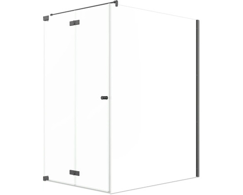 Jungborn Duschtür mit Seitenwand SETTE Drehfalttür links Seitenwand rechts 120 x 170 cm Profil schwarz matt Klarglas mit schmutzabweisende Glasbeschichutung und Puffergriff Duschkabine mit Tür aus Klarglas