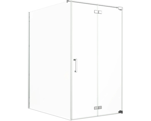 Jungborn Duschtür mit Seitenwand SETTE Drehfalttür rechts Seitenwand links 140 x 120 cm Profil chrom Klarglasmit schmutzabweisende Glasbeschichtung und Stangengriff Eckdusche mit Glastüren