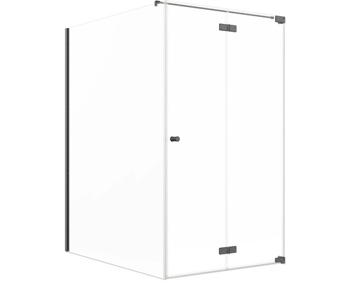 Jungborn Duschtür mit Seitenwand SETTE Drehfalttür rechts Seitenwand links 170 x 120 cm Profil schwarz Klarglas mit schmutzabweisende Glasbeschichtung und Puffergriff Duschkabine mit Drehtür aus Glas