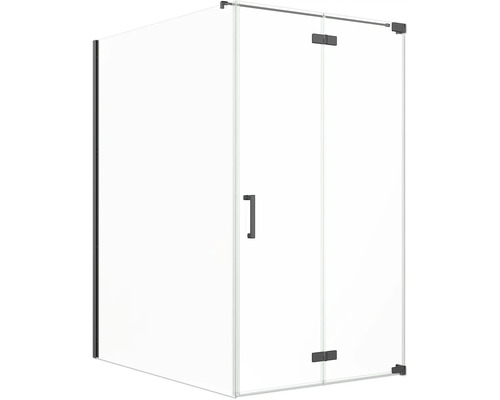 Jungborn Duschtür mit Seitenwand SETTE Drehfalttür rechts Seitenwand links 170 x 120 cm Profil schwarz Klarglas mit schmutzabweisende Glasbeschichtung und Stangengriff Duschkabine aus Glas mit Tür