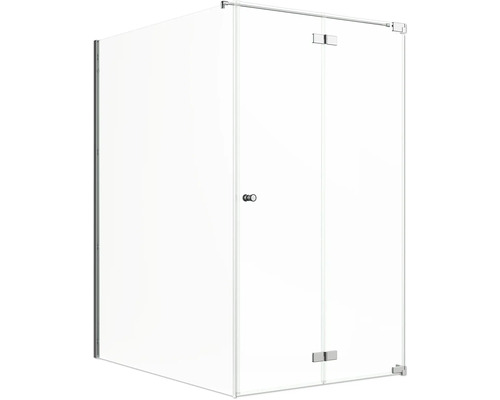 Jungborn Duschtür mit Seitenwand SETTE Drehfalttür rechts Seitenwand links 140 x 120 cm Profil chrom Klarglasmit schmutzabweisende Glasbeschichtung und Puffergriff Eckdusche mit Glasfront und Drehtür