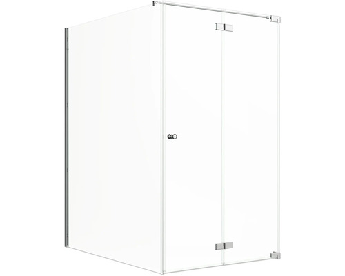 Jungborn Duschtür mit Seitenwand SETTE Drehfalttür rechts Seitenwand links 160 x 120 cm Profil chrom Klarglasmit schmutzabweisende Glasbeschichtung und Puffergriff Eckdusche mit klaren Glaswänden und silberfarbenen Beschlägen