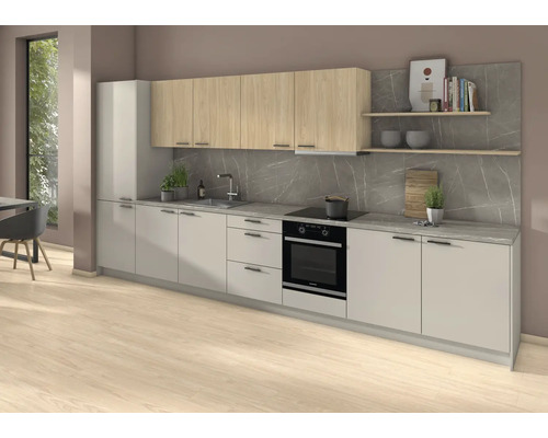 Küchenrückwand Pietra Grigia anthrazit EHW502 / Ellmau Buche EHW2851 4100 x 640 x 9,2 mm Helle Küche mit Küchenschränken und Elektrogeräten