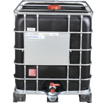 Schwarzer Intermediate Bulk Container mit Auslaufhahn und Gitterkäfig.