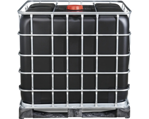 Schwarzer Intermediate Bulk Container mit Gitterbox auf Palette