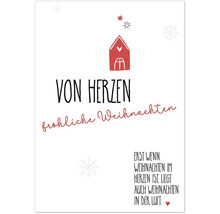 Weihnachtsgrußkarte mit Hausmotiv und dem Schriftzug ''Von Herzen fröhliche Weihnachten''