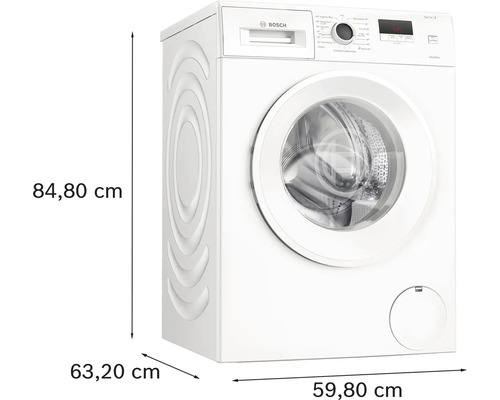 Bosch Waschmaschine mit den Massen 84,80 cm Höhe, 63,20 cm Tiefe und 59,80 cm Breite.