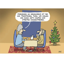 Cartoon zeigt ein Paar am Tisch mit Weihnachtsbaum und dem Text: Fernsehen an Heiligabend ist bei uns traditionell Tabu. Wir wollen uns ganz auf''s Saufen und Streiten konzentrieren.