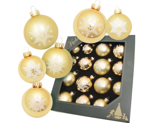 Weihnachtskugeln aus Glas mit Schneeflockenmuster im Set