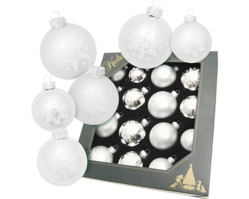 Packung mit Weihnachtskugeln aus Glas, mit Schneeflockenmuster