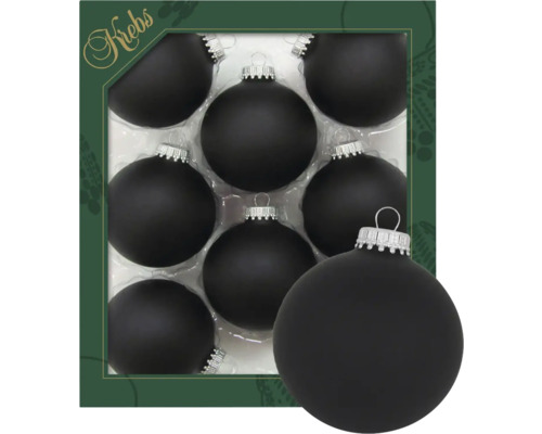 Acht schwarze Weihnachtskugeln aus Glas in Verpackung