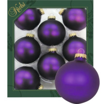 Acht violette Weihnachtskugeln in einer Verpackung.