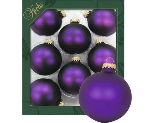 Acht violette Weihnachtskugeln in einer Verpackung.