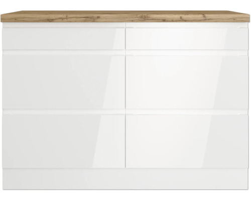 Unterschrank mit Holzplatte und weißen Fronten