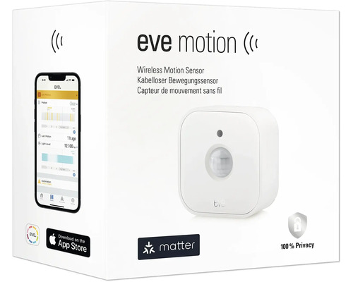 Eve Motion Funk Bewegungssensor Verpackung mit Smartphone App Darstellung
