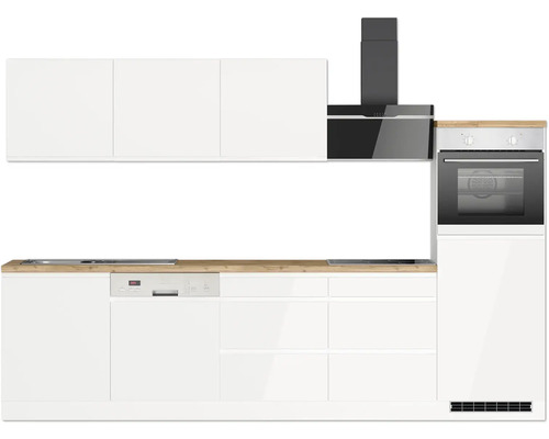 Weiße Küche mit Spüle, Geschirrspüler, Kochfeld, Dunstabzugshaube und Backofen