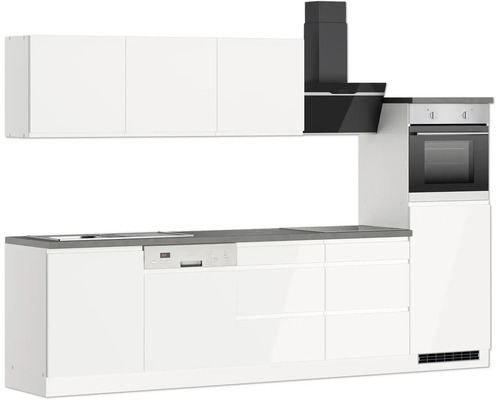 Küchenzeile mit Hängeschränken, Dunstabzugshaube, Spülmaschine und Backofen