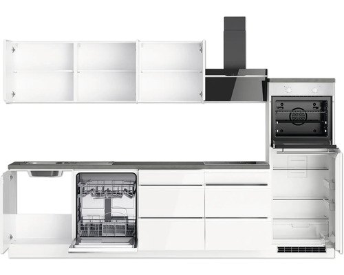 Moderne Küche mit Spüle, Geschirrspüler, Schubladen, Dunstabzugshaube, Backofen, Hängeschränken und Kühlschrank