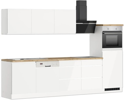 Moderne Küche mit weißen Schränken, Dunstabzugshaube und Geräten