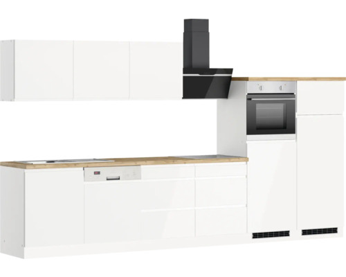 Küchenzeile mit Spülmaschine, Kochfeld, Backofen und Dunstabzugshaube