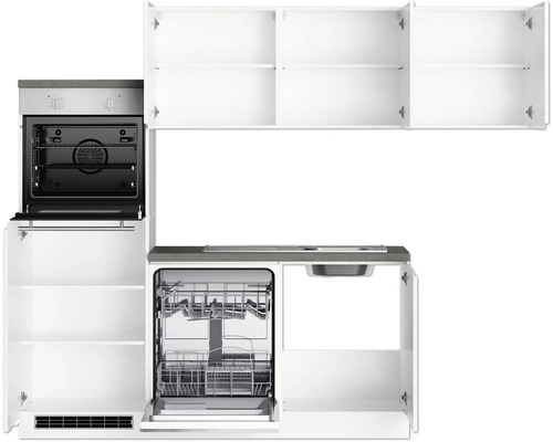 Küchenzeile mit Backofen, Spülmaschine, Spüle und Oberschränken