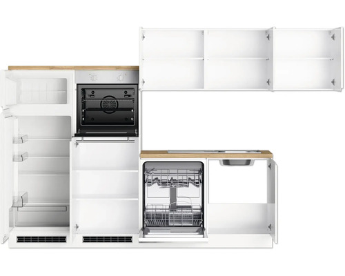 Küchenzeile mit Kühlschrank, Backofen, Geschirrspüler, Spüle und Hängeschränken