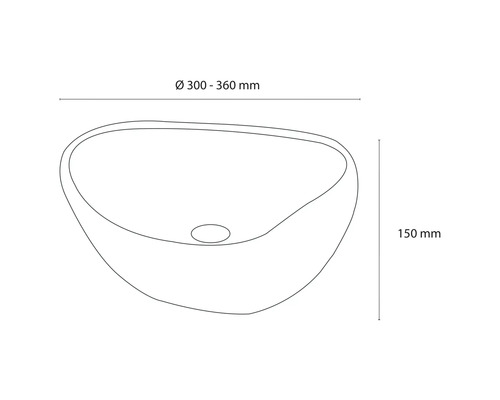 Skizze eines Aufsatzwaschbeckens mit den Maßen Durchmesser 300 bis 360 Millimeter und Höhe 150 Millimeter.