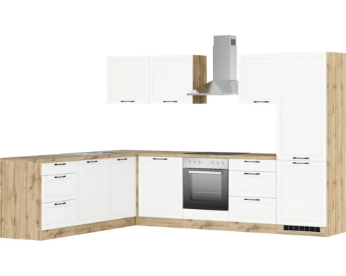 Komplette Küche mit weißen Fronten, Arbeitsplatte in Holzoptik und Dunstabzugshaube