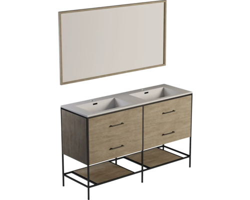 Waschtischunterschrank mit zwei Waschbecken und passendem Spiegel für das Badezimmer