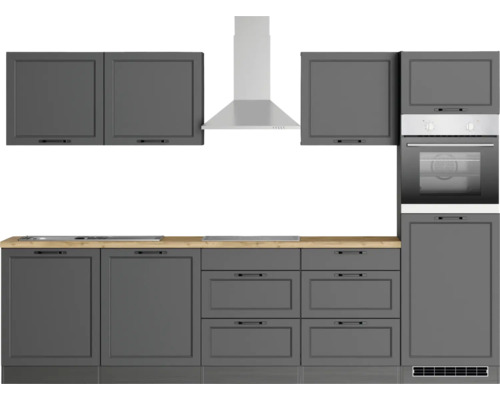 Moderne Küchenzeile mit Schränken, Schubladen, Arbeitsplatte, Dunstabzugshaube und Backofen