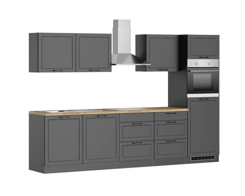 Graue Einbauküche mit Holzarbeitsplatte, Dunstabzugshaube und Einbaubackofen