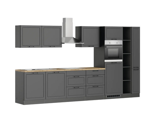 Komplette Küche mit Ober- und Unterschränken, Dunstabzugshaube und Backofen